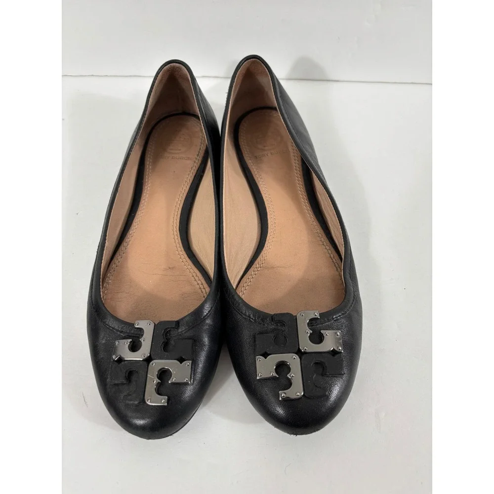 Tory Burch Black Lowell Leather Ballet Flats Embellished Logo Size 7 M‎